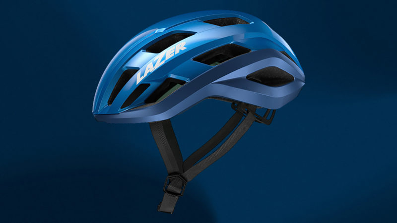 A side view of the Lazer Strada KinetiCore, Red Bull edition, against a blue background