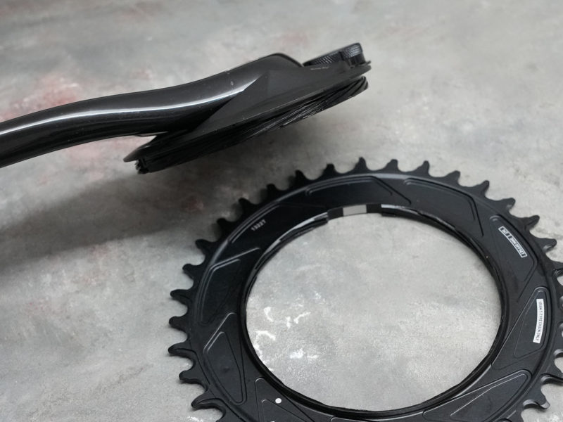 closeup of XX SL Quarq power meter chainring on T-Type crankset