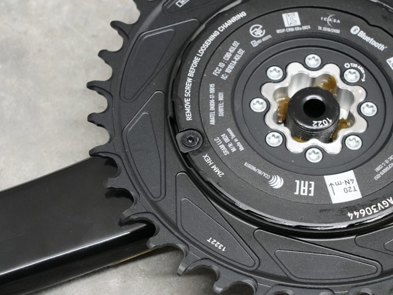 closeup of XX SL Quarq power meter chainring on T-Type crankset