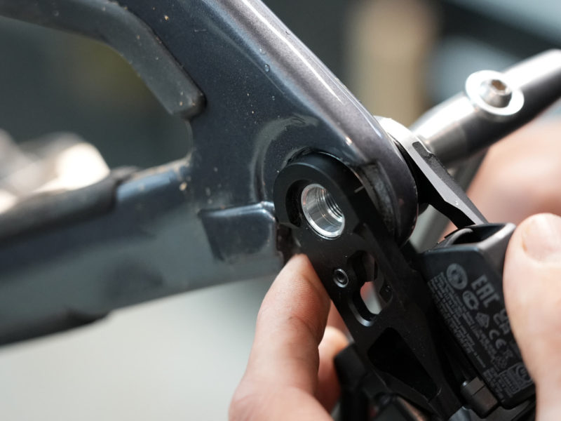 SRAM Transmission direct mount rear derailleur installation closeup