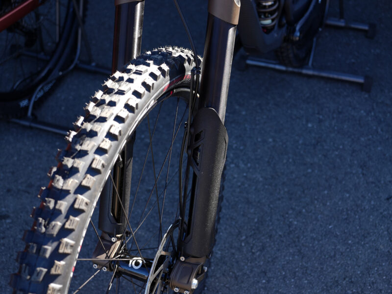closeup details of prototype push industries inverted suspension fork for trail and enduro mountain bikes