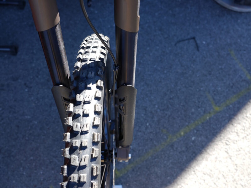 closeup details of prototype push industries inverted suspension fork for trail and enduro mountain bikes