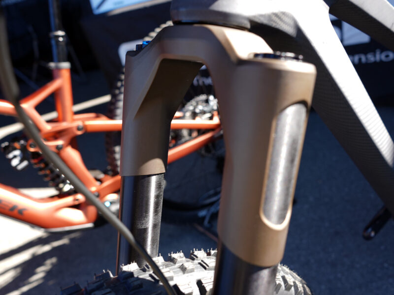 closeup details of prototype push industries inverted suspension fork for trail and enduro mountain bikes