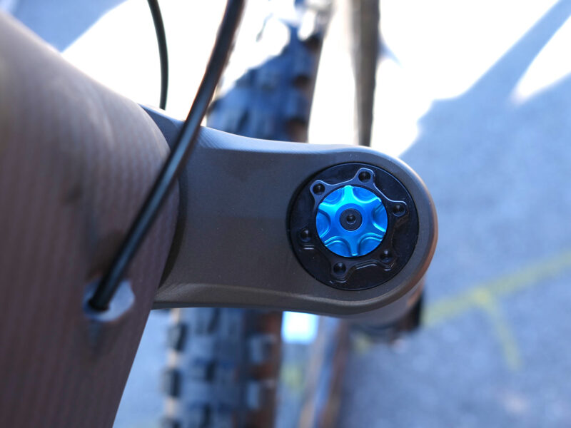 closeup details of prototype push industries inverted suspension fork for trail and enduro mountain bikes