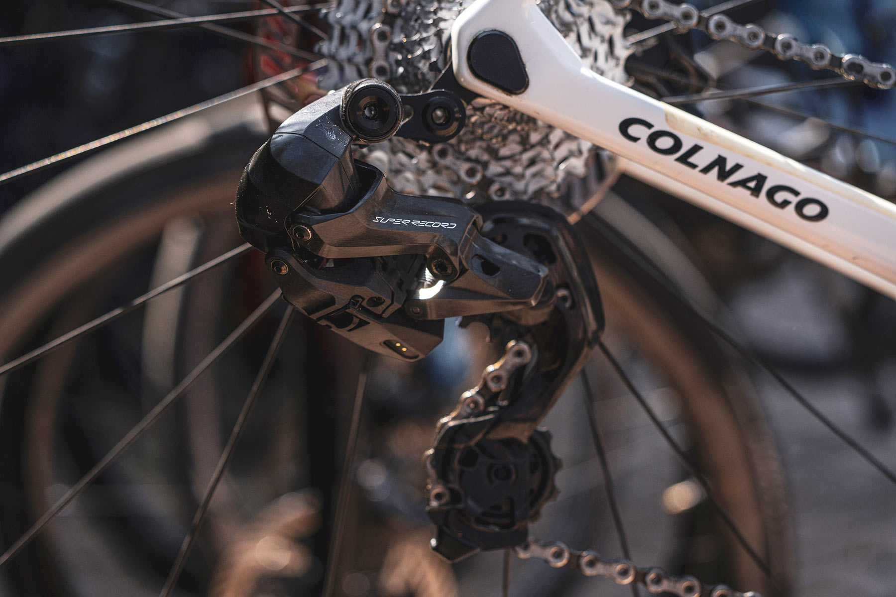 2023 Campagnolo Super Record Wireless gruppo, electronic-shift hydraulic disc brake 12-speed road bike drivetrain, rear derailleur on bike