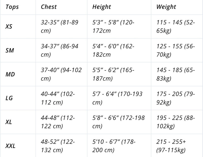 Pinebury Performance Tees Sizing chart