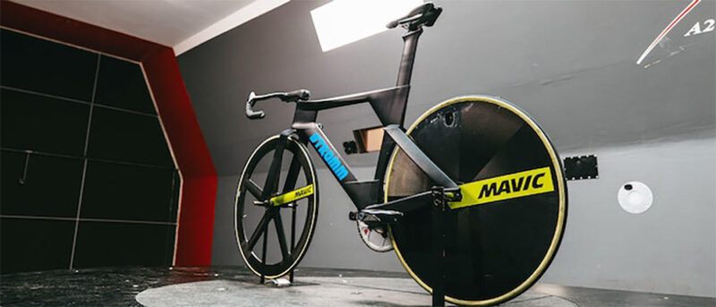 stromm track bike in a wind tunnel
