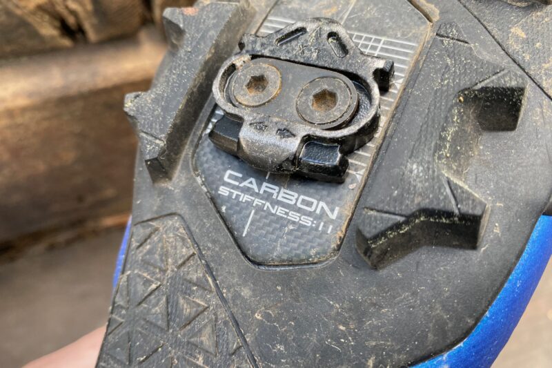close view of the carbon fiber sole of the Shimano XC9 shoes