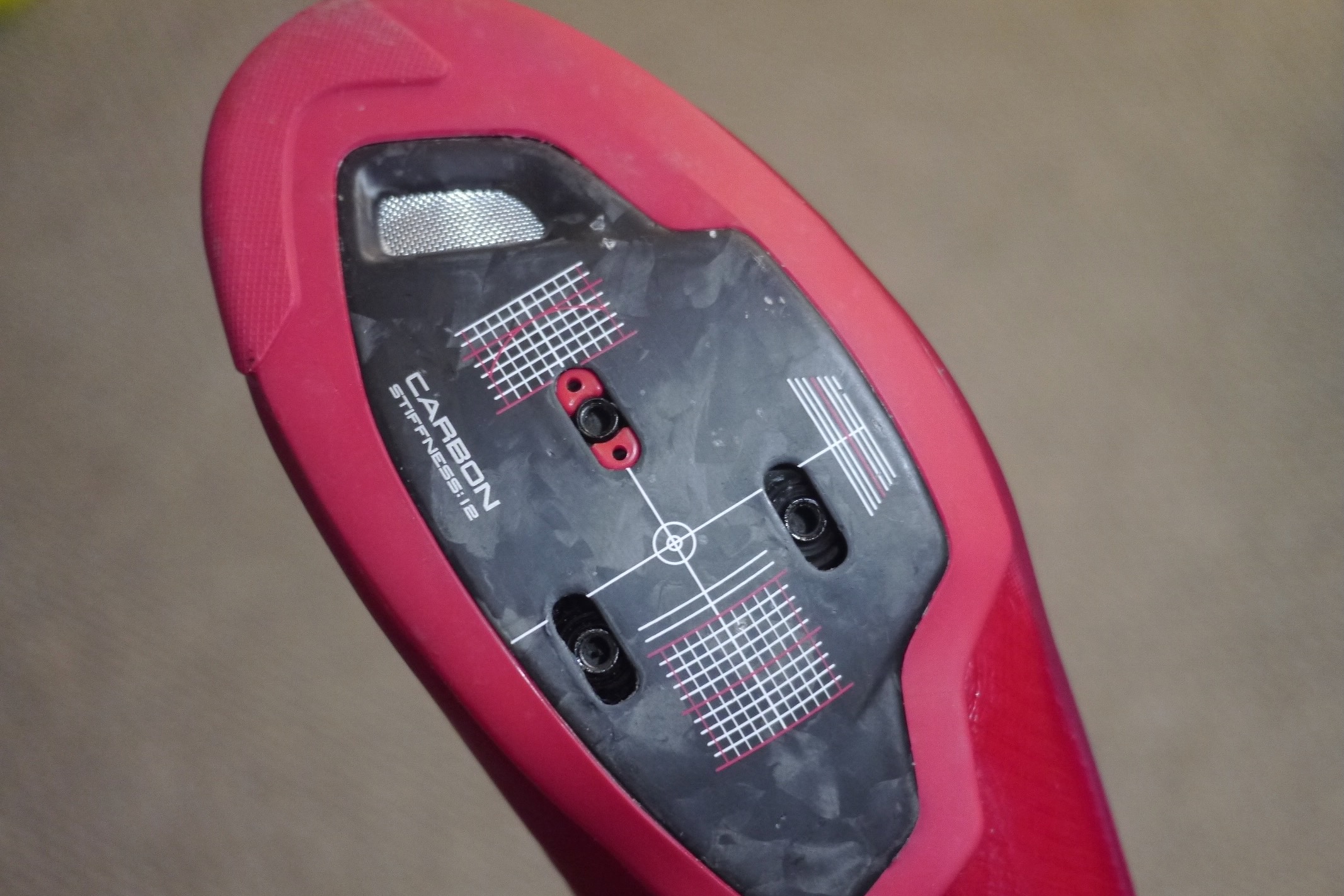 The 3-bolt sole of the Shimano S-phyre RC9 road bike shoes