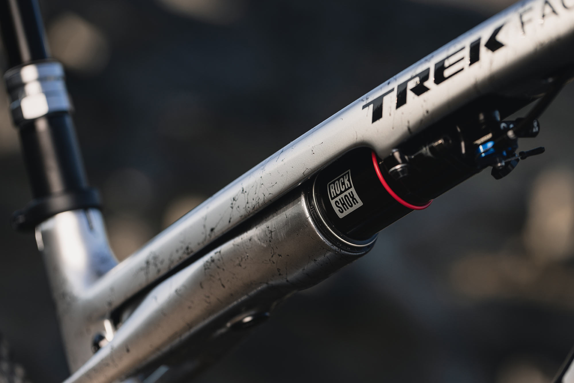 closeup details of trek supercaliber short travel XC race mountain bike