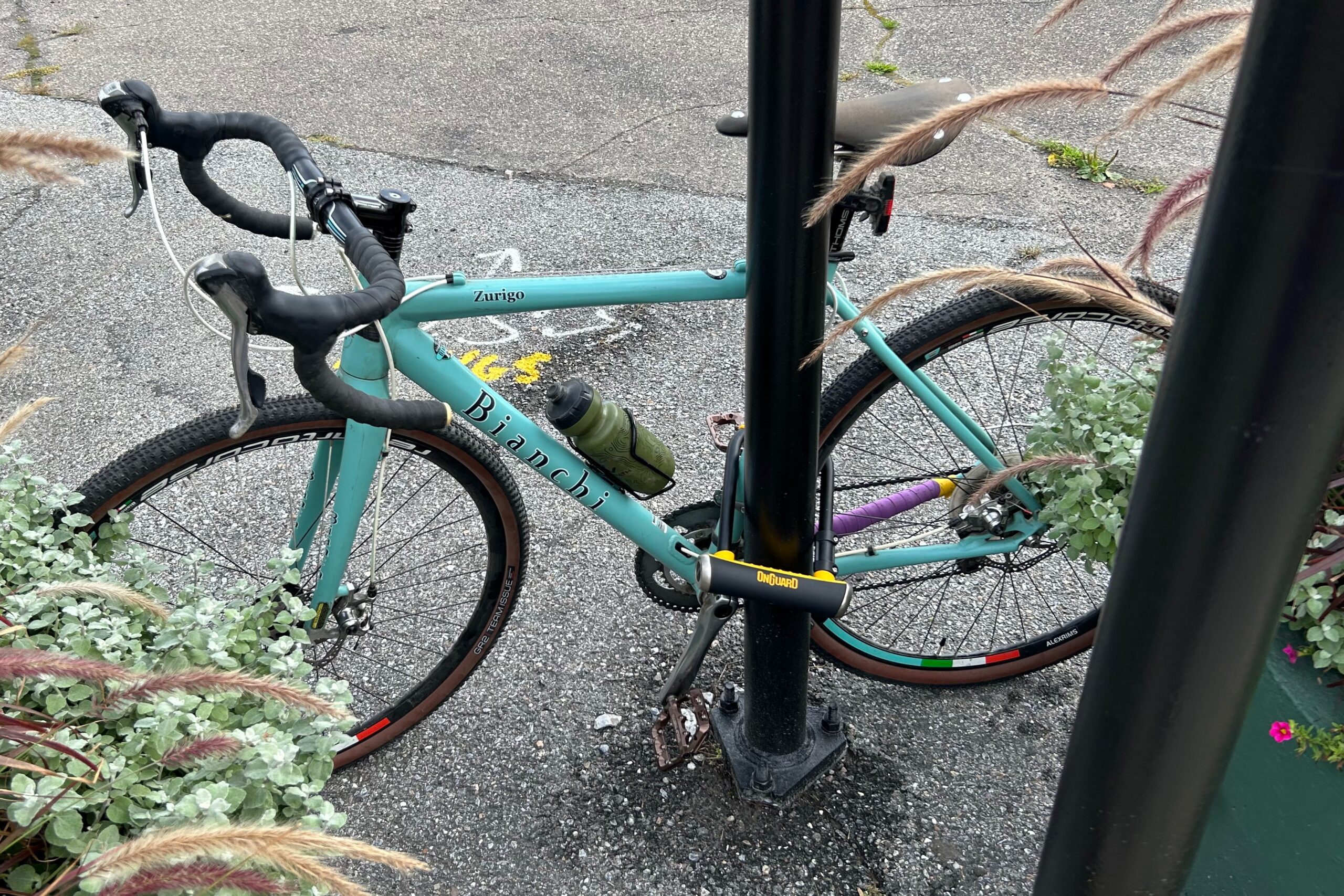 The OnGuard Brute 8001 STD U-lock locking a bike to a large pole