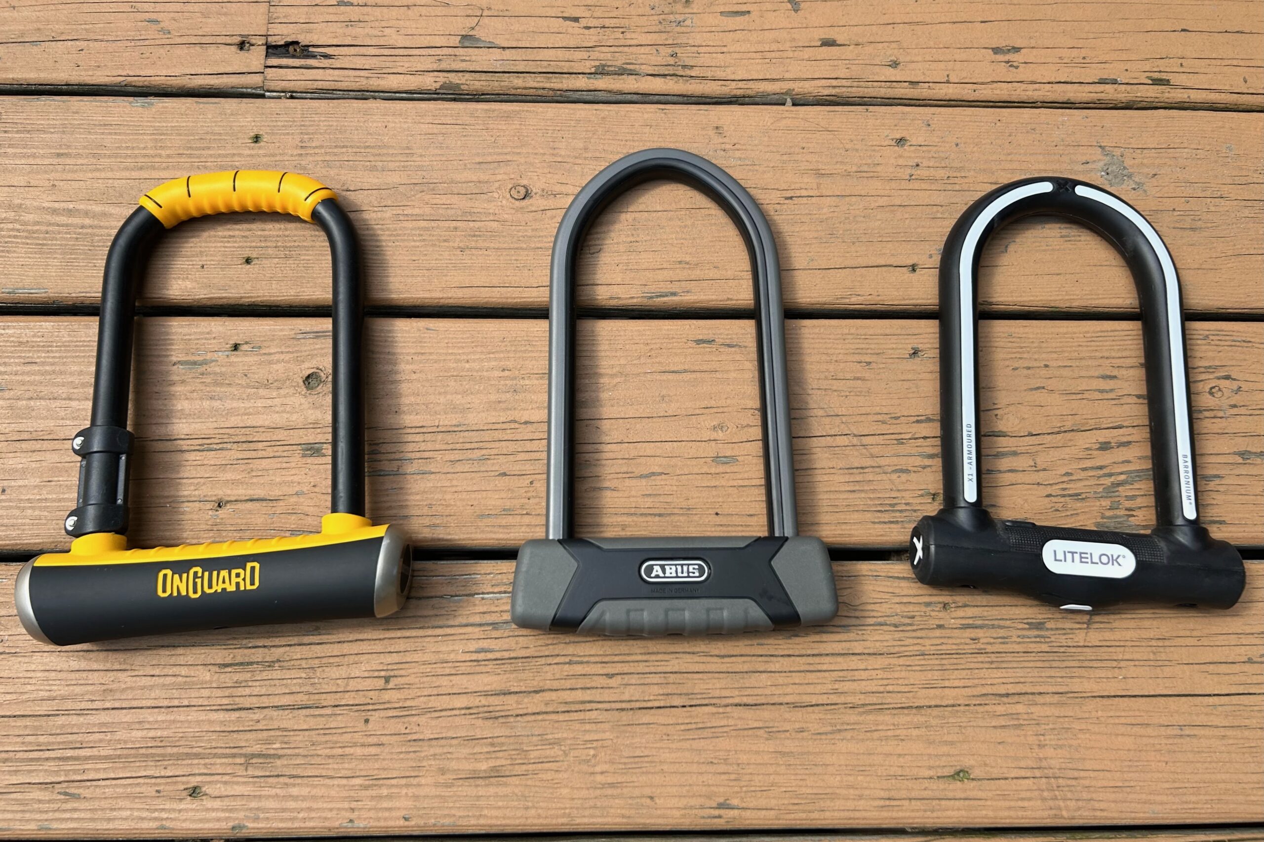 Side by side shot of the three U-locks we tested