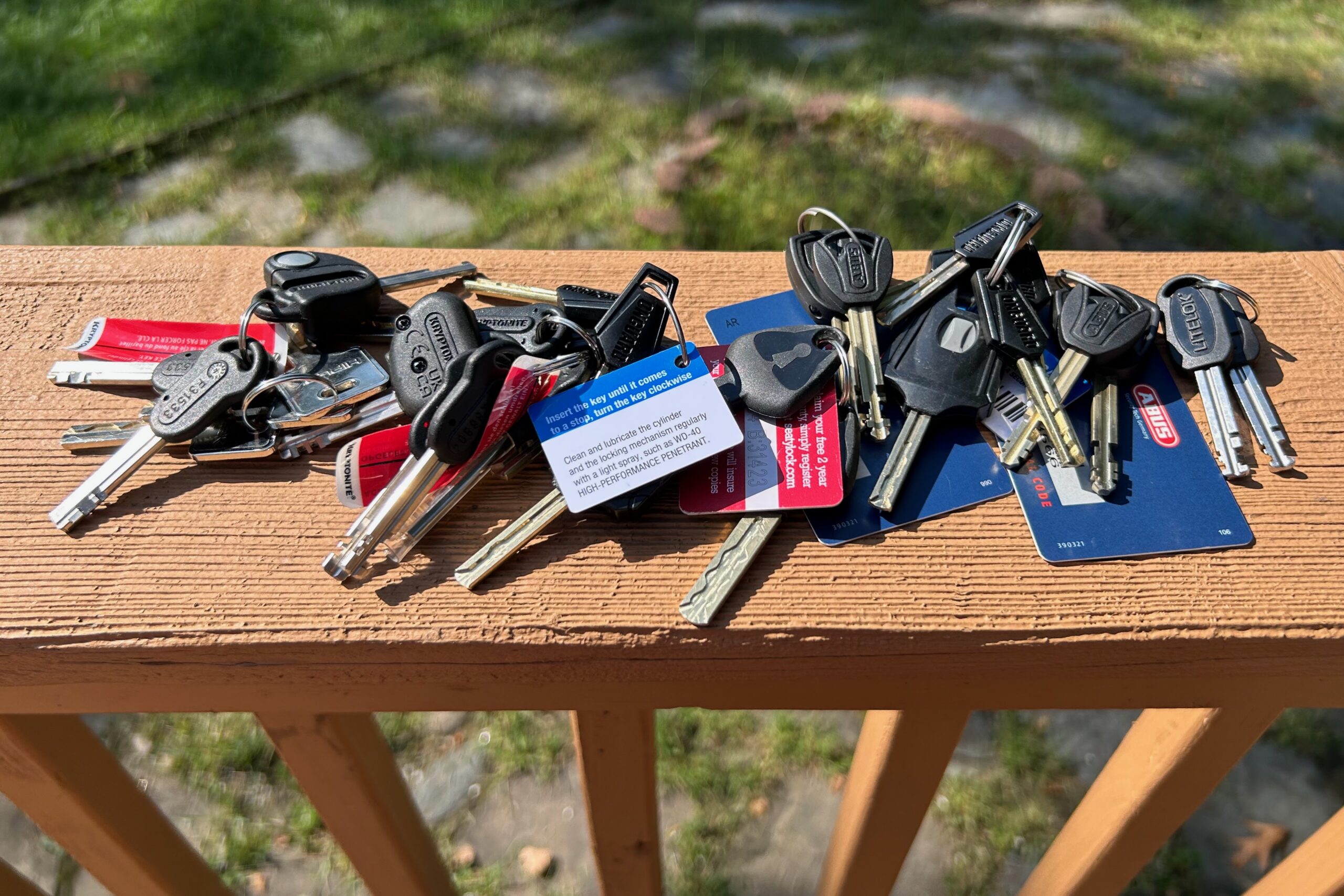 An assortment of keys that came with the bike locks we tested
