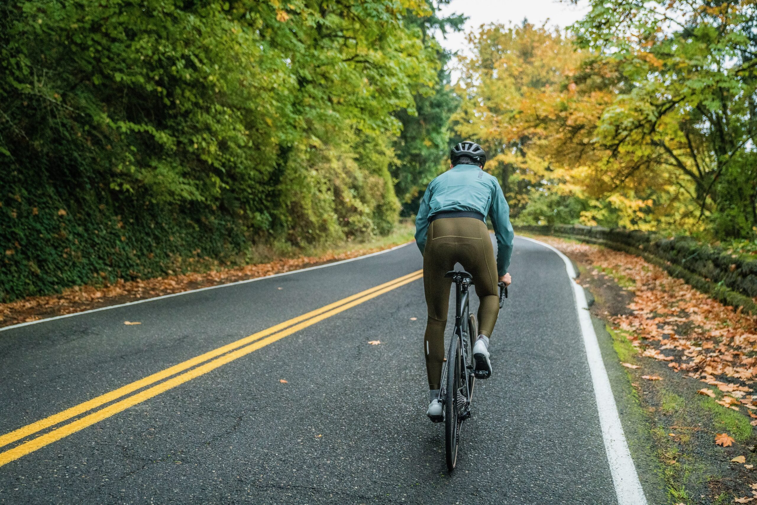 Riding up a hill in the MAAP Team Evo Thermal Bib Tights