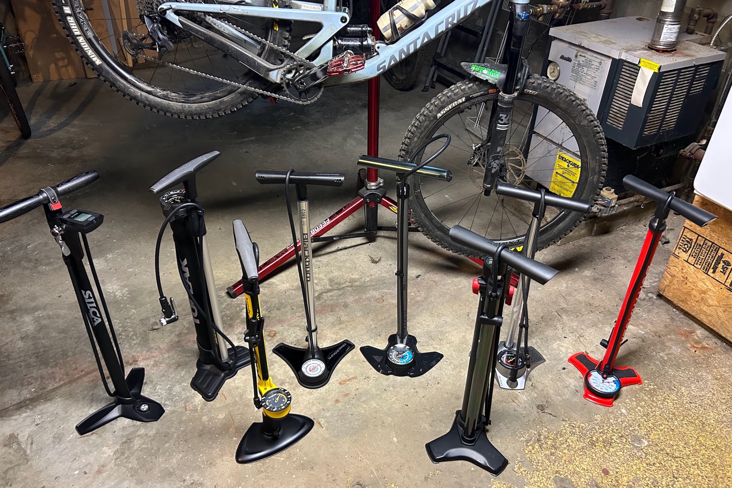 A group shot of many of the bike pumps we tested