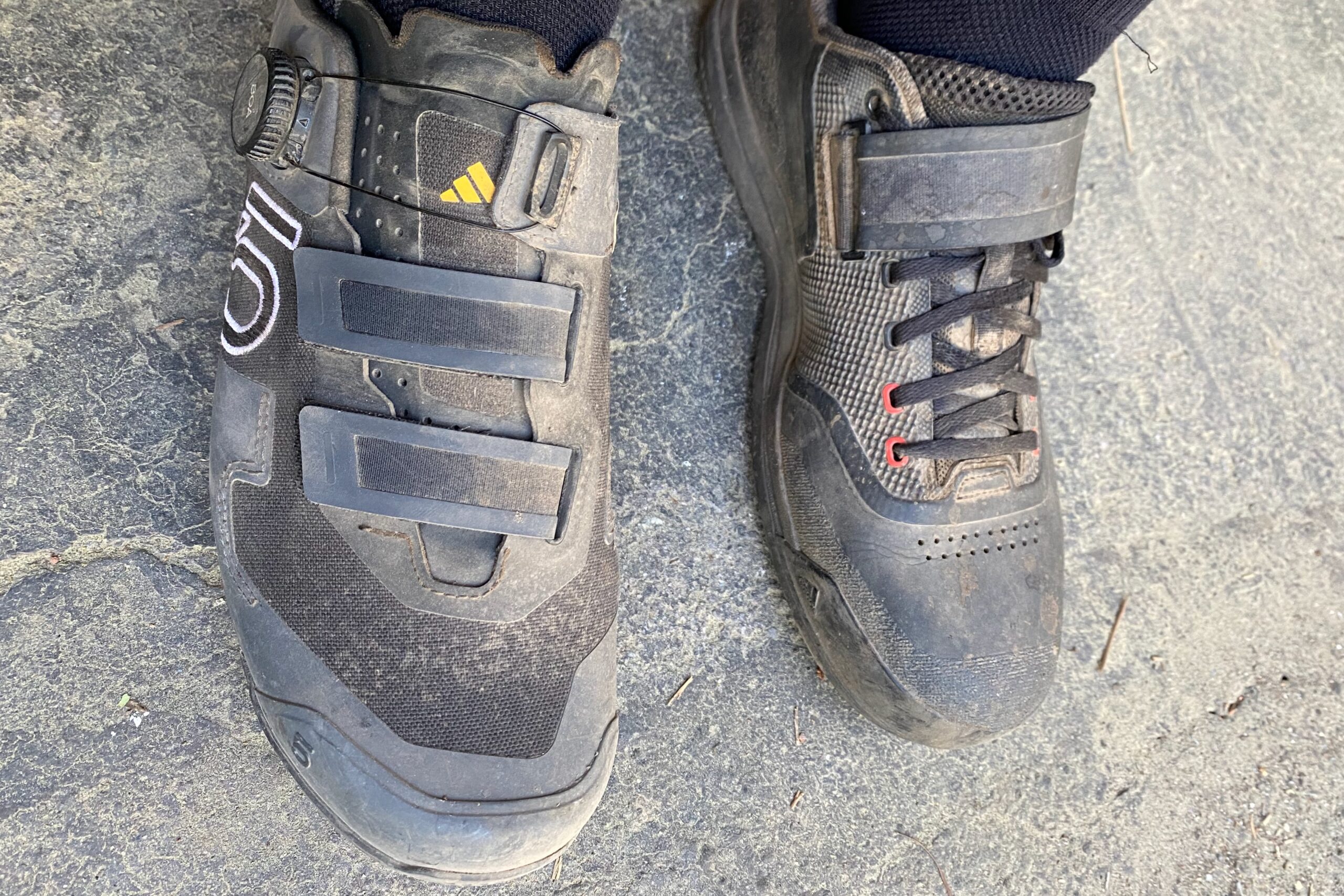 Comparison shot of the Five Ten Kestrel Boa and the Five Ten Hellcat Pro mountain bike shoes