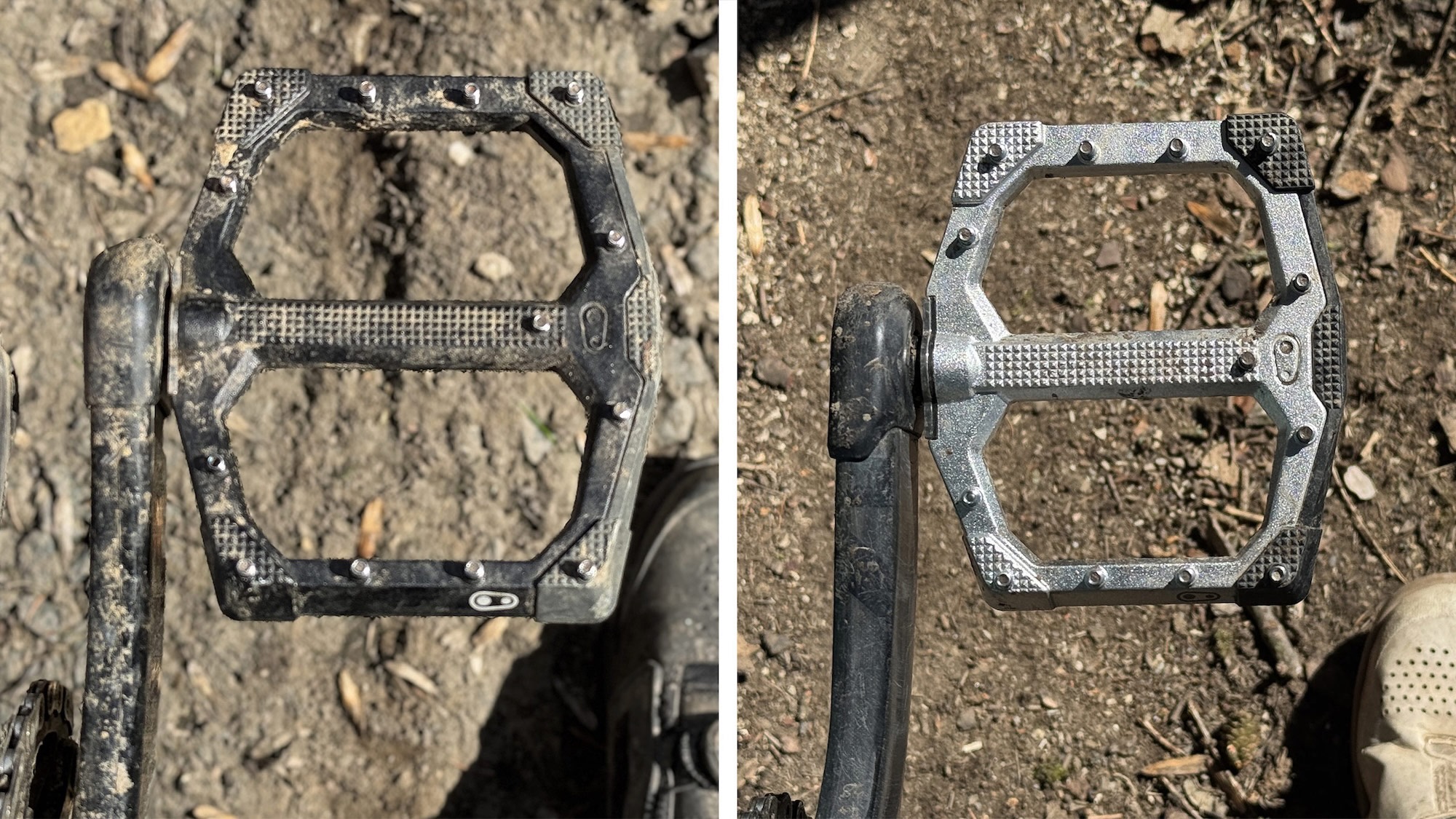 comparison photo showing the large and small platform sizes of the Stamp Evo pedals side by side