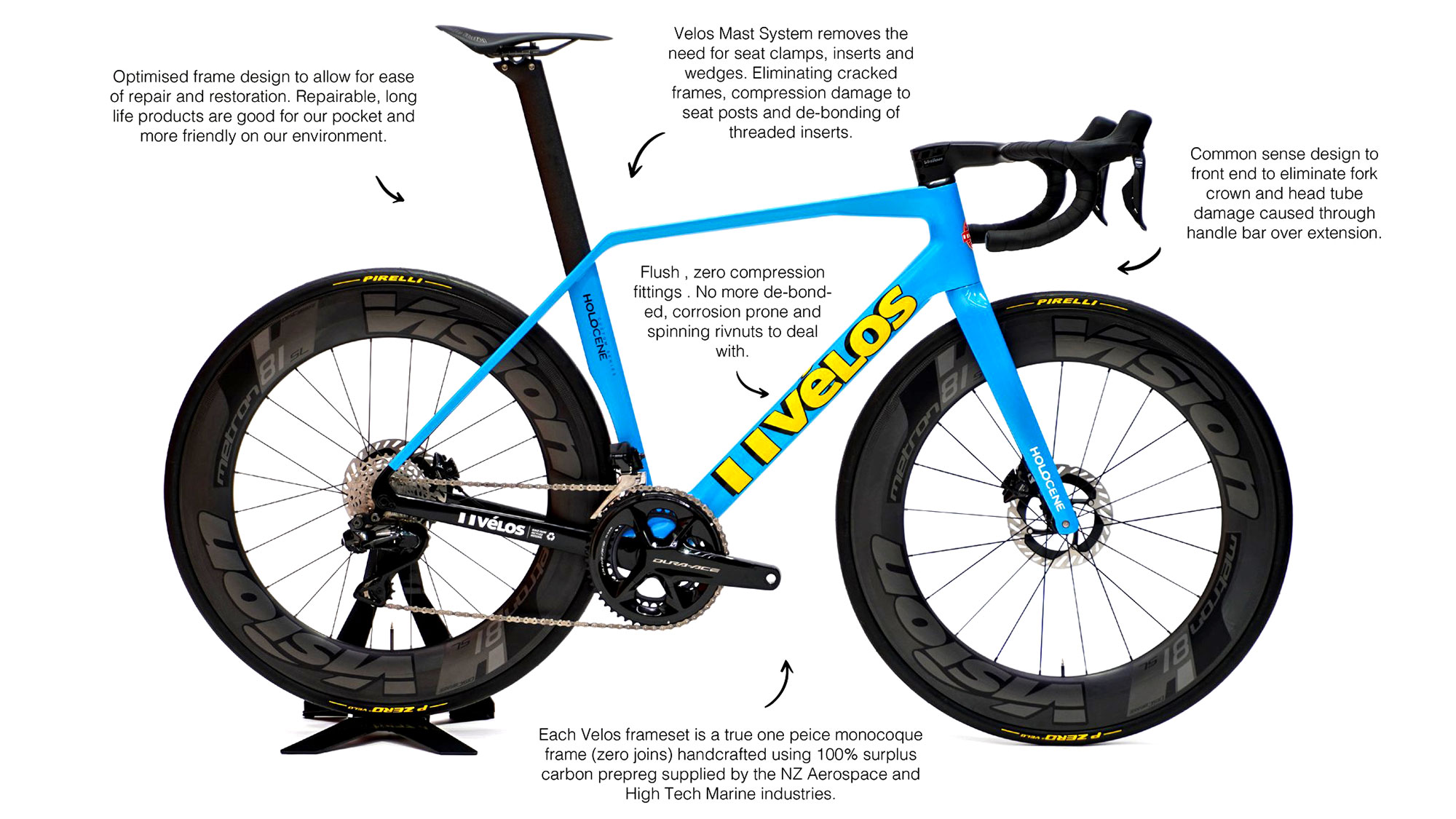 Vélos Holocene recycled carbon superbike, 100% post-consumer reclaimed carbon fiber aero road bike, made in New Zealand, tech details