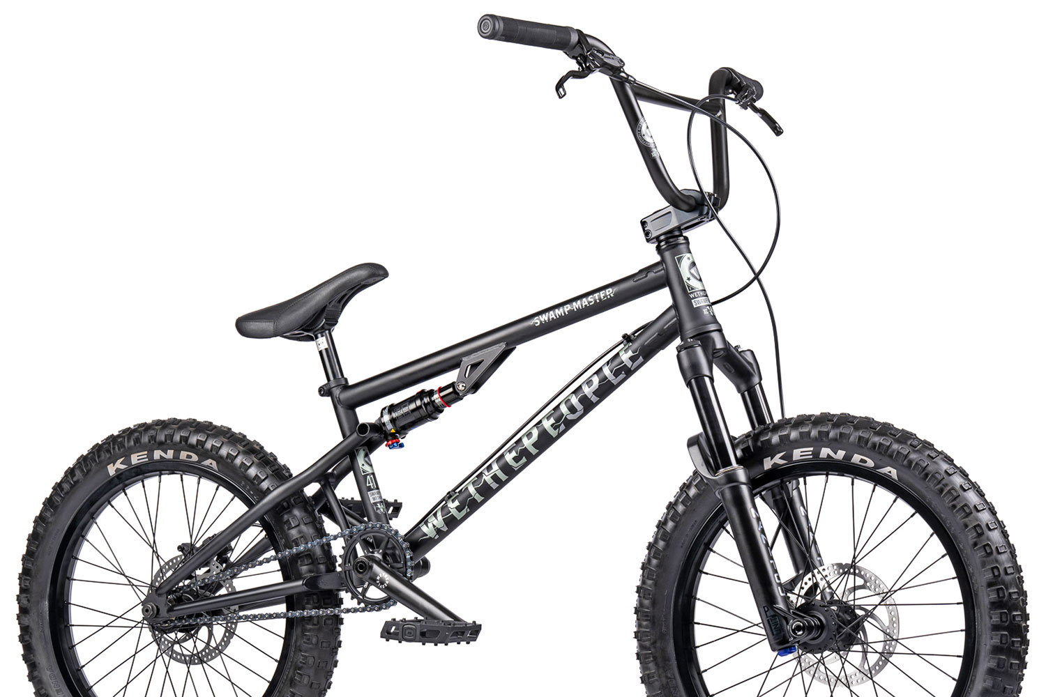 WeThePeople Swamp Master complete bike, 4130 steel full-suspension 20" BMX bike, angled