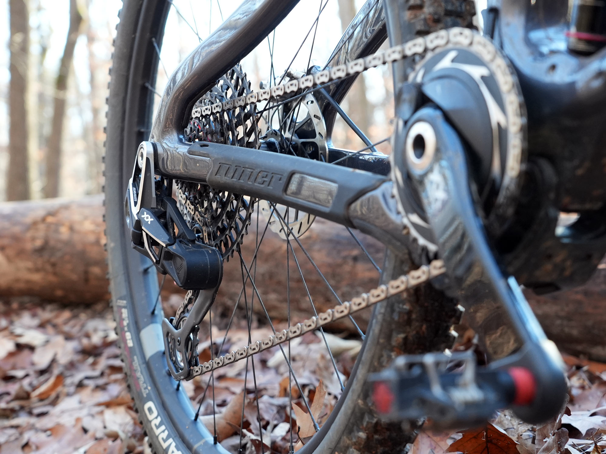 closeup of sram transmission mtb drivetrain
