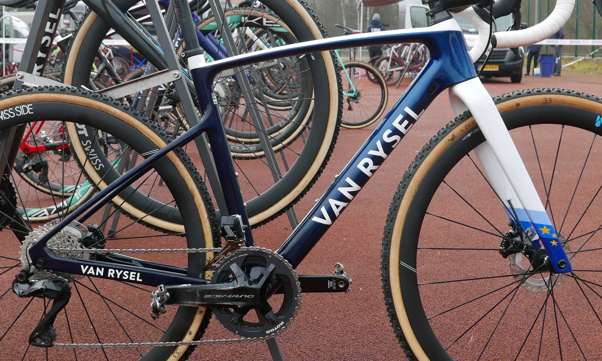 Pro Bike Check: Van Rysel RCX Pro cyclocross bike of Aubin Sparfel at 2024 CX Worlds, photo by Cory Benson, EU Champ custom paintjob