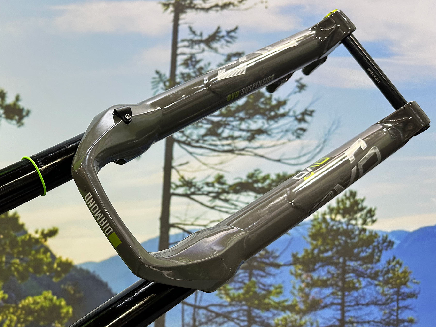 closeup on lowers of 2024 dvo diamond trail enduro mountain bike suspension fork