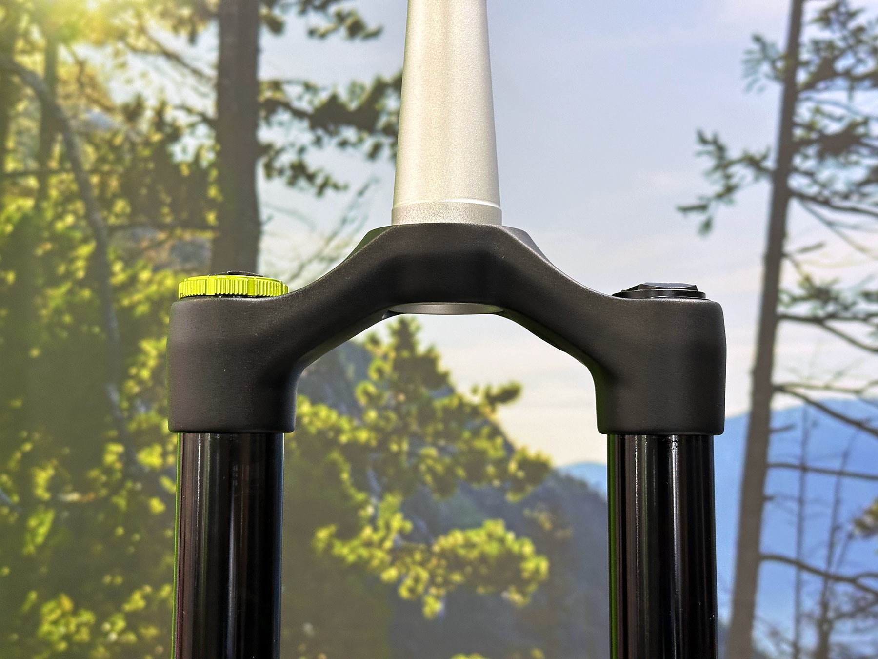 closeup on crown of 2024 dvo diamond trail enduro mountain bike suspension fork