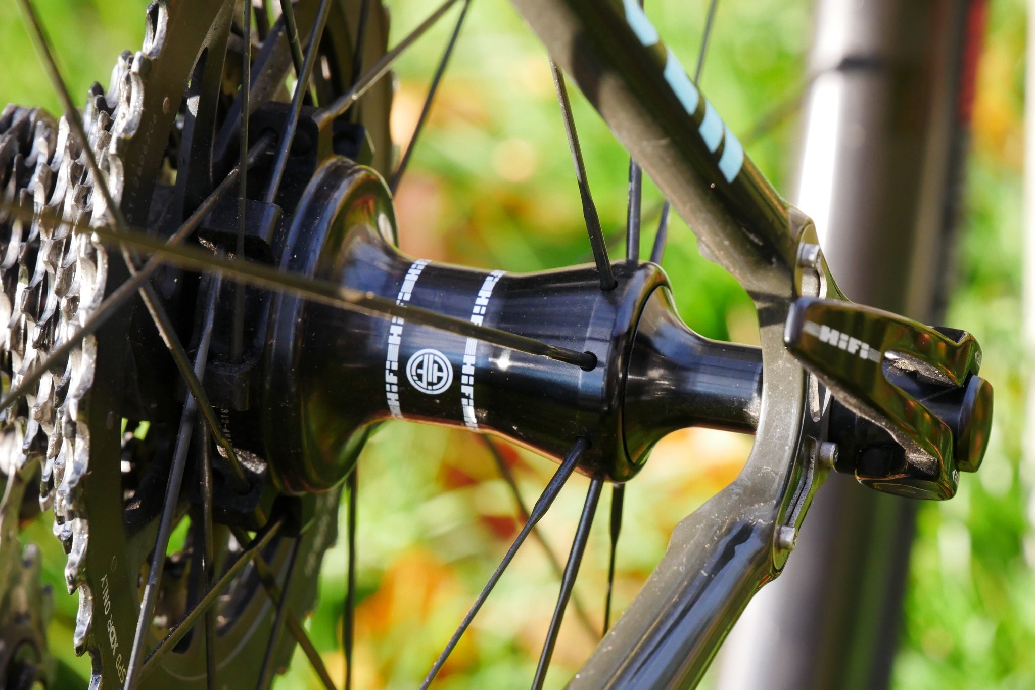 A close look at the rear hub on a HiFi wheel and the bladed spokes