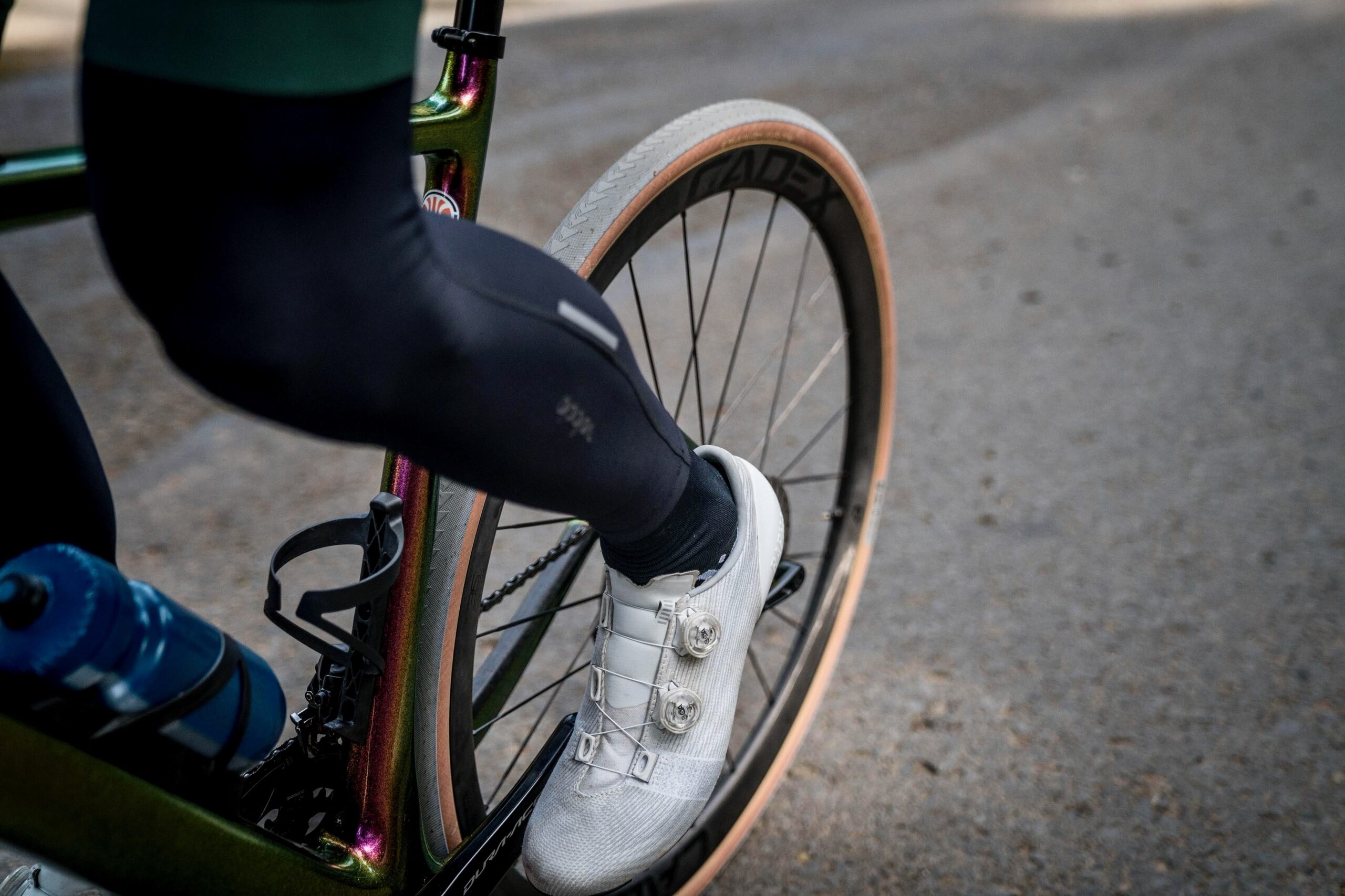 A shot of the rear wheel while riding the Cadex 36 wheels