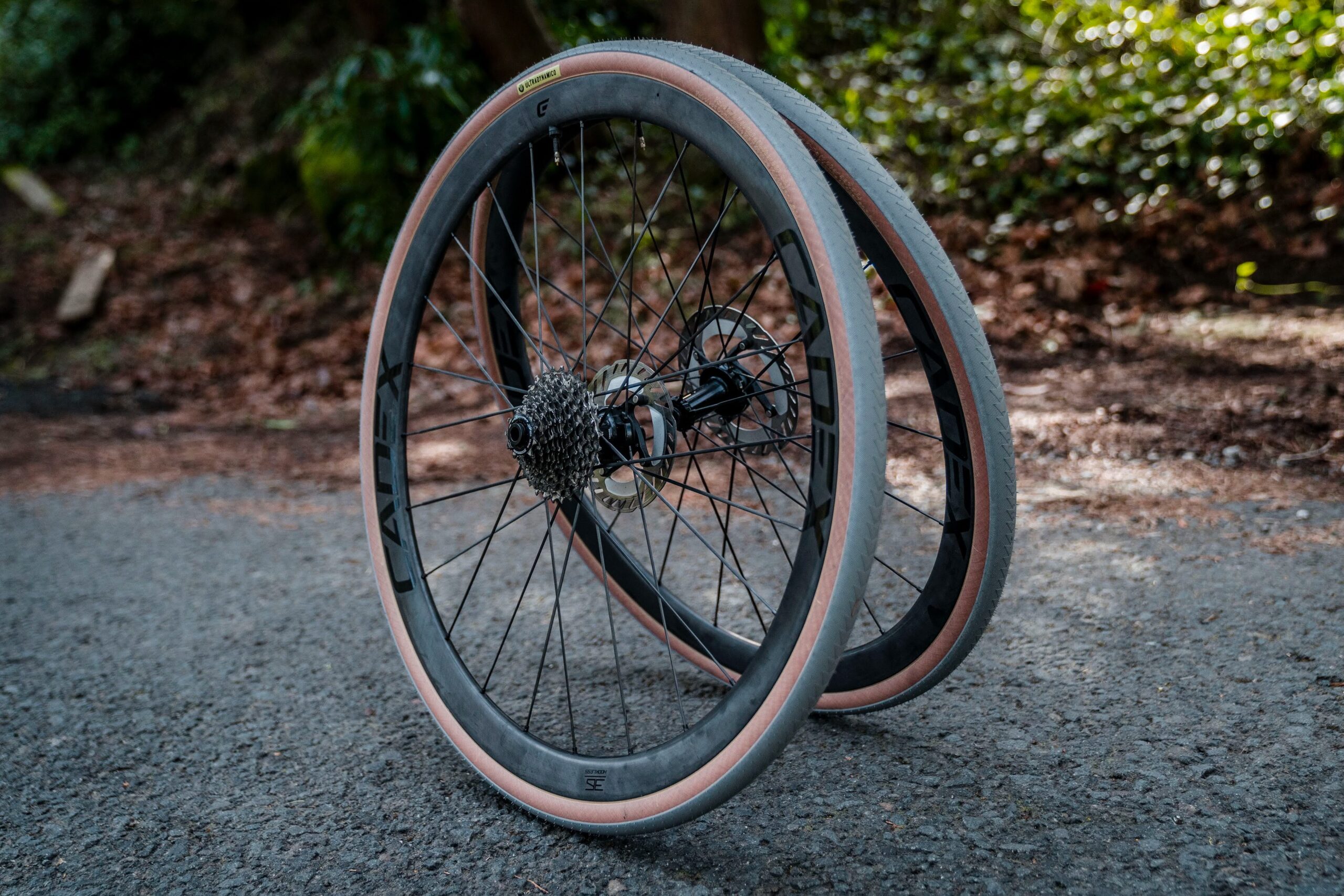 Cadex 36 Disc road bike wheels mounted with tires