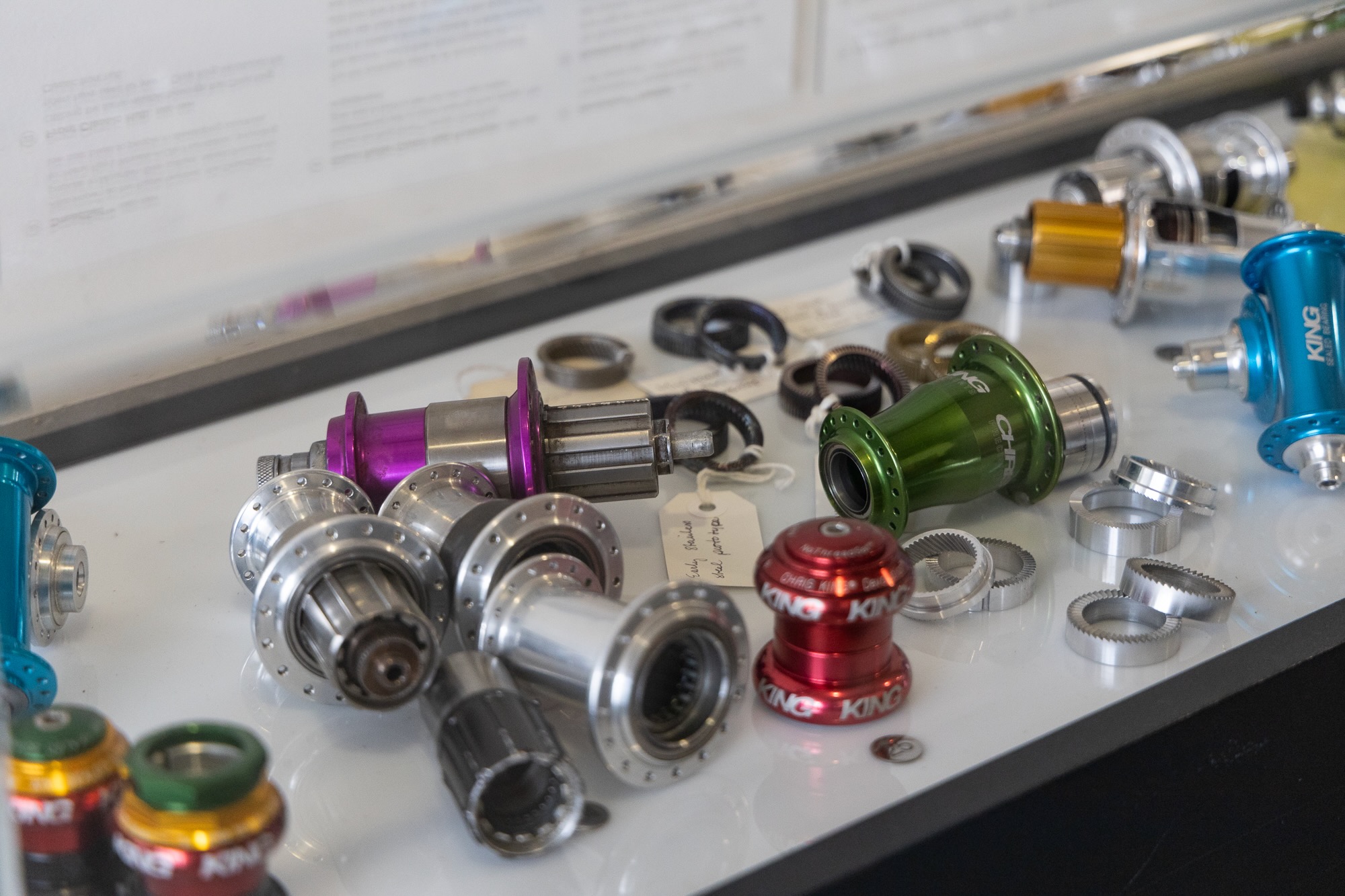 The display case full of hubs at the Chris King HQ and Factory.