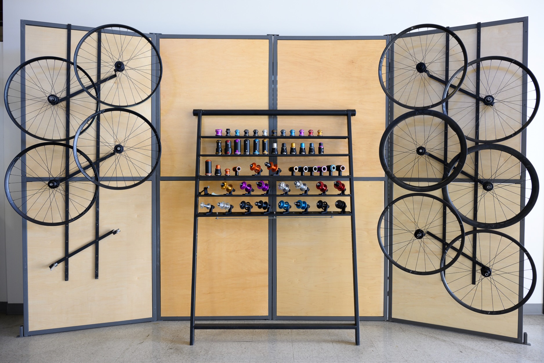 The product display at Chris King HQ showcasing their current line of wheels, hubs, headsets, and bottom brackets