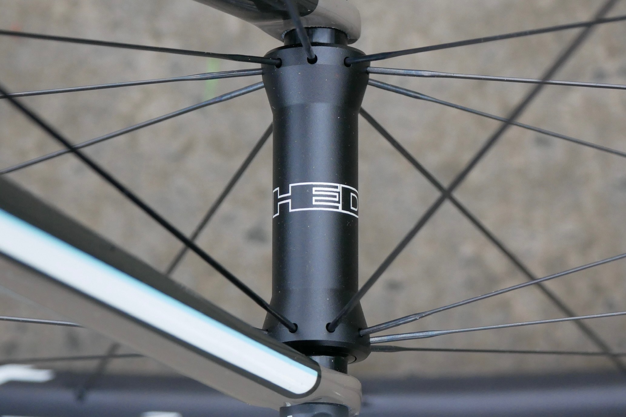 The front hub of the HED Ardennes RA Black wheels
