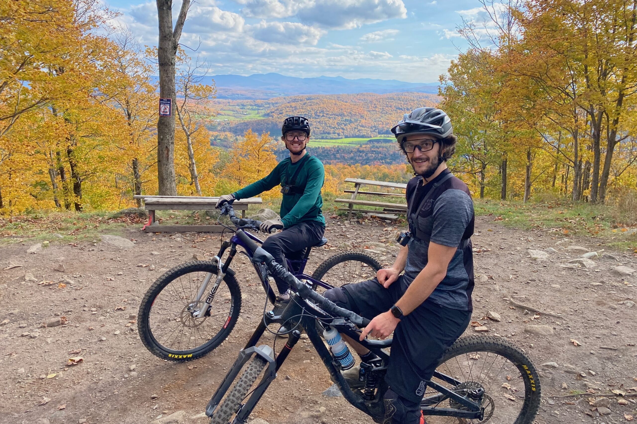 Rider testing mountain bike handlebars with Faction Bike Studio's Adam Robbins and Simon Ayotte