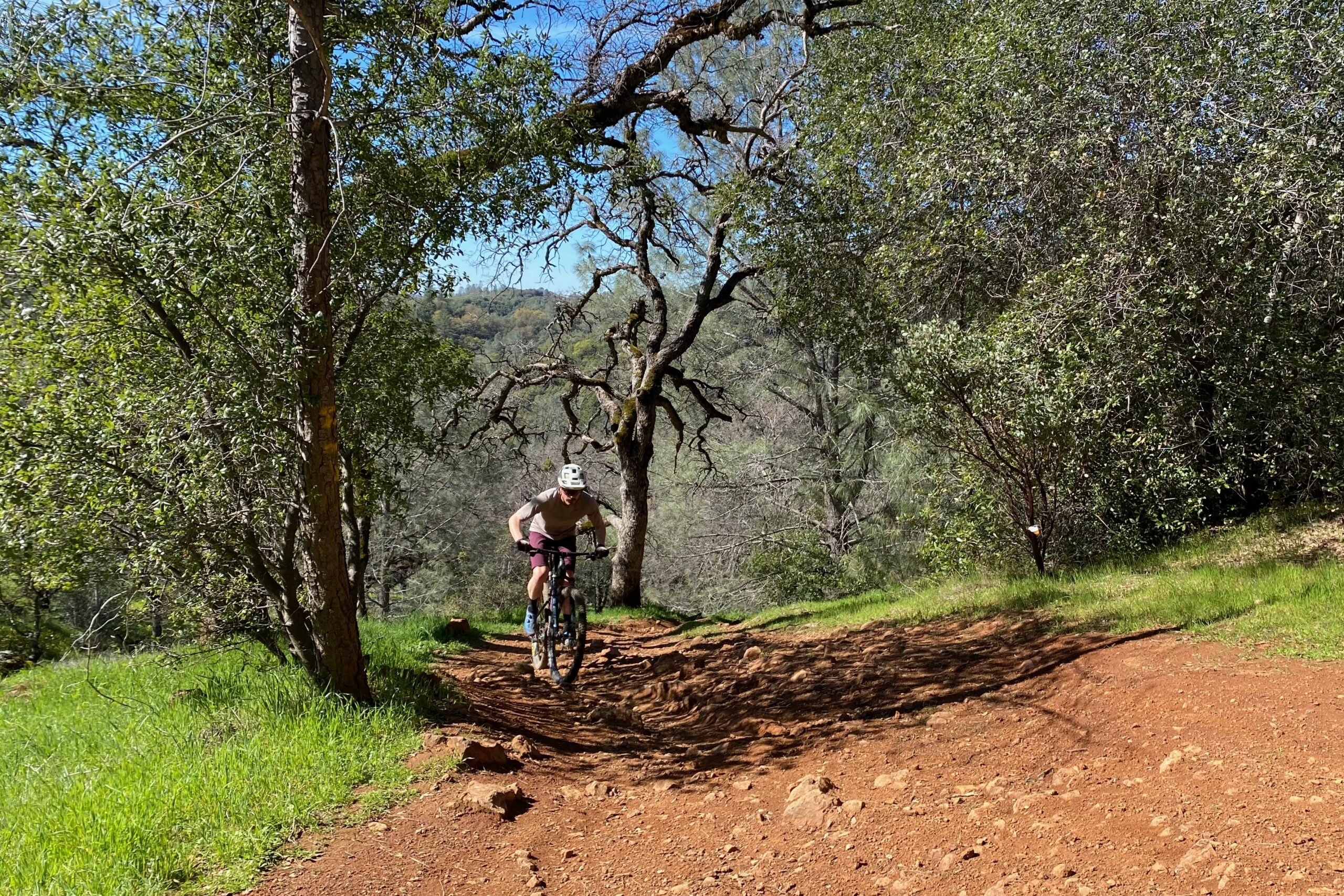 Climbing up a chunky section of trail on the Yeti ASR