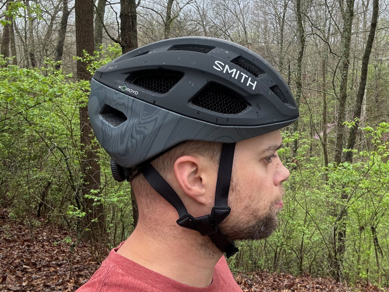 wearing Smith Triad road gravel helmet with Aleck crash sensor
