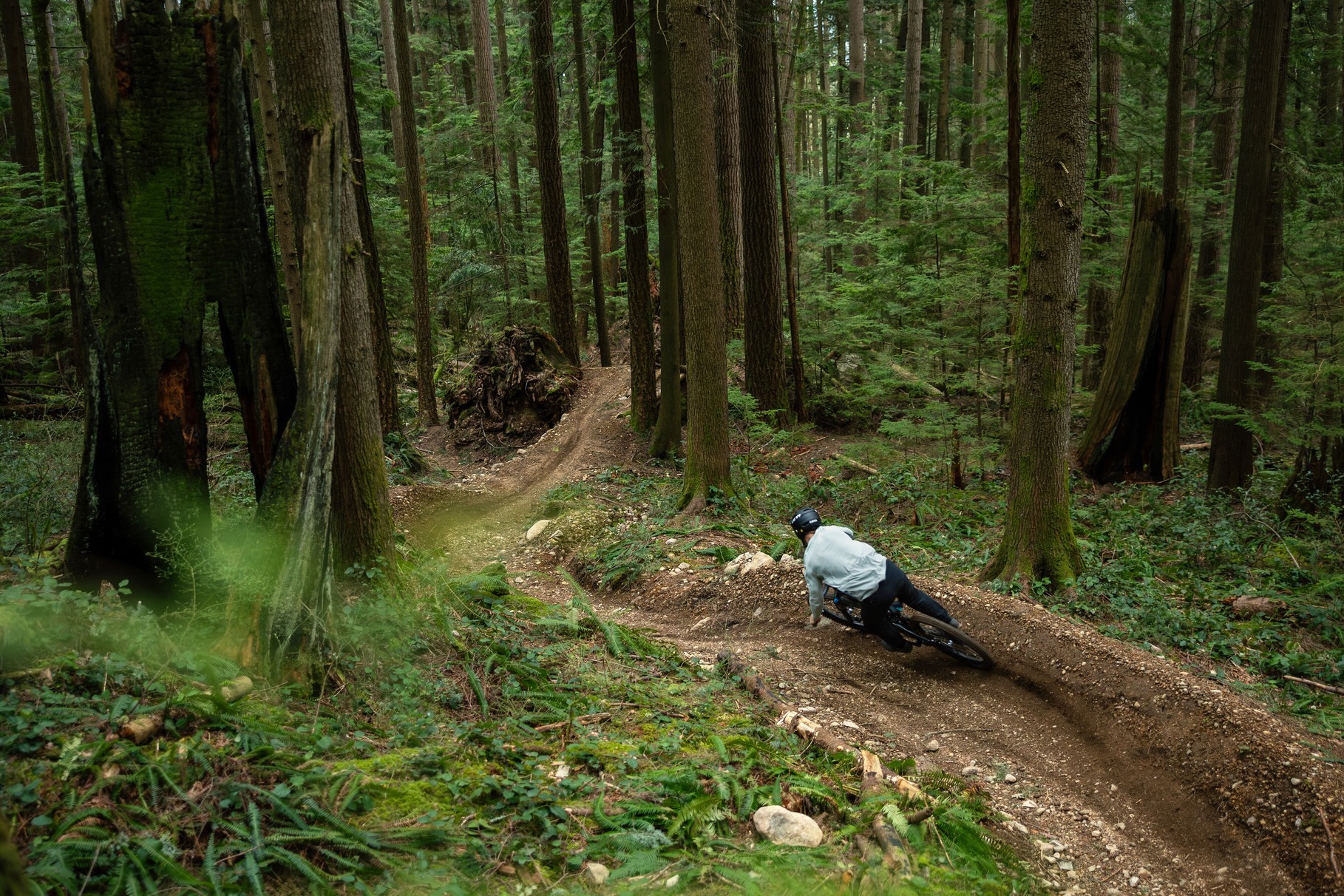 Warren Kniss riiping a brem on steep downhill trail in a stock action image from yeti