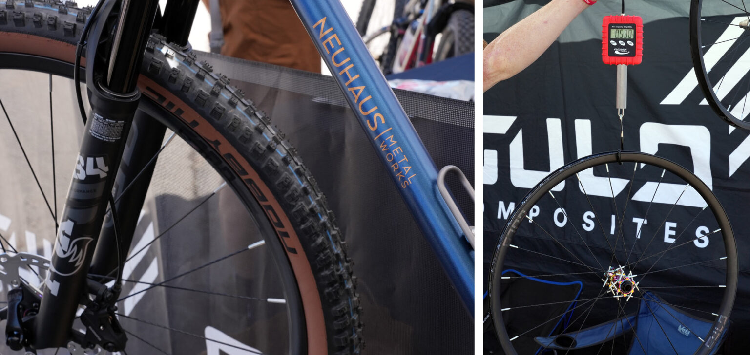 prototype gulo xc mountain bike wheels with ultralight rim and carbon spokes shown on a scale