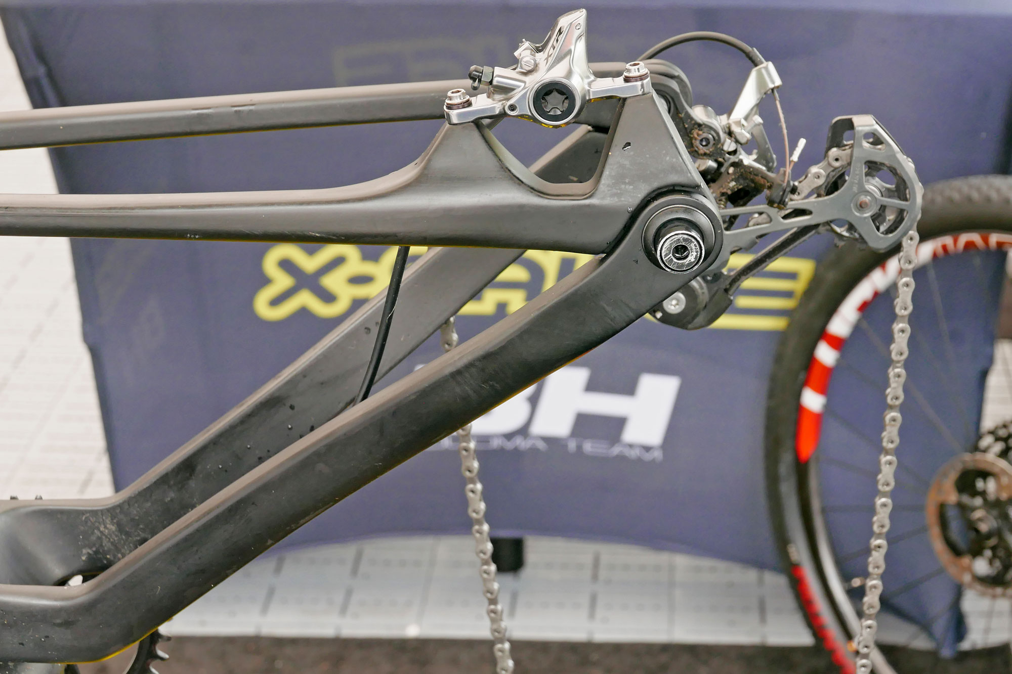 BH XC race carbon mountain bike prototype, likely Lynx Evo replacement raced in Nove Mesto World Cup, spilt-pivot rear end