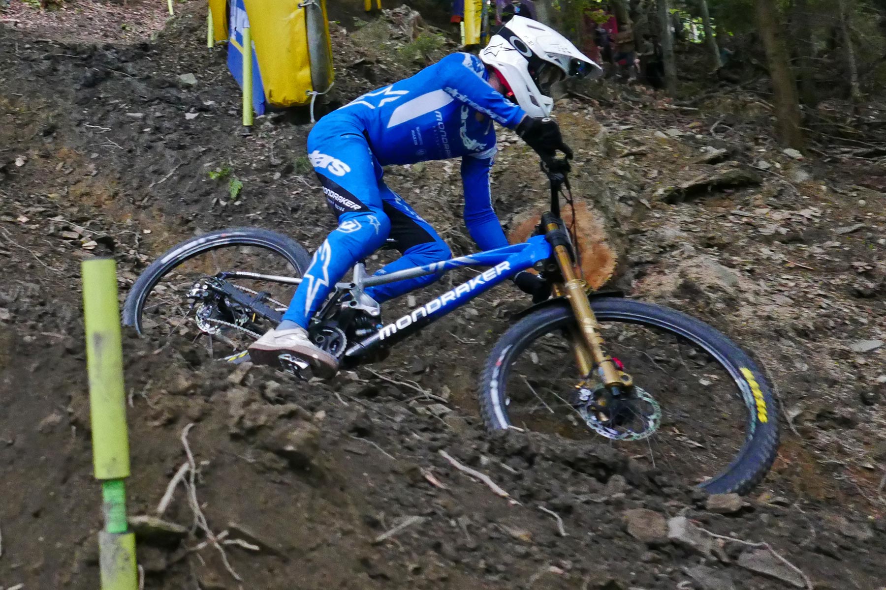 Mondraker prototype Summum alloy DH bike of Ronan Dunne, riding a loamy berm