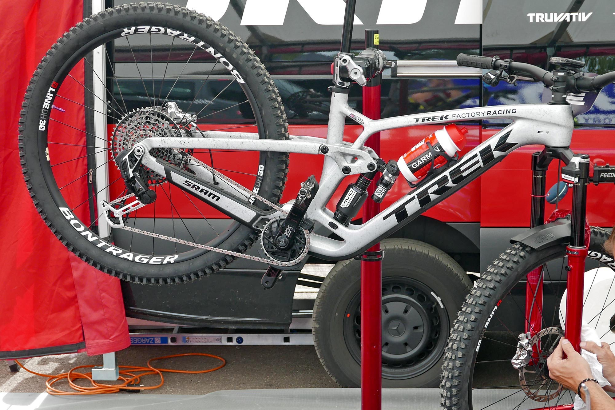 RockShox Vivid Flight Attendant Enduro automatic electronic control gravity mountain bike suspension BlackBox prototype, Trek Factory Racing at Bielsko-Biala