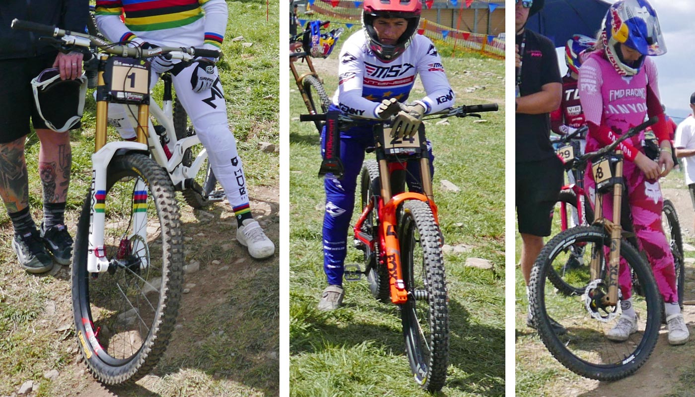 World Champ-only gold RockShox BlackBox prototype Boxxer Ultimate Flight Attendant fork, vs. Fox Factory Kashima gold