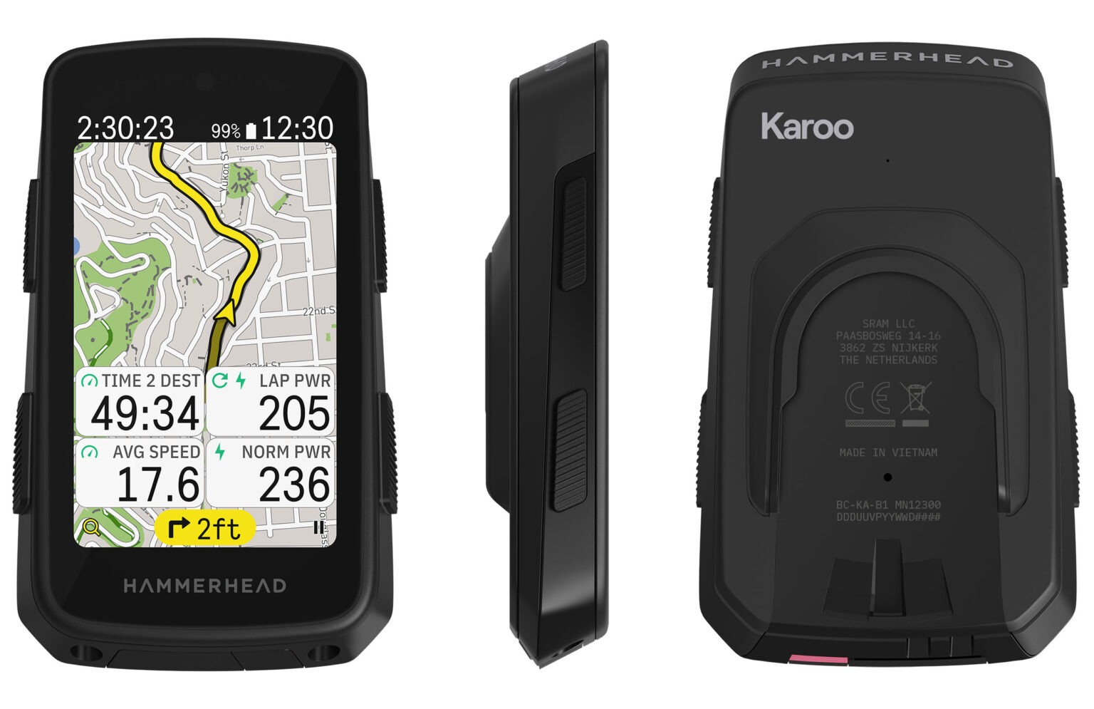 front, side, and back views of 3rd generation Hammerhead Karoo cycling computer.