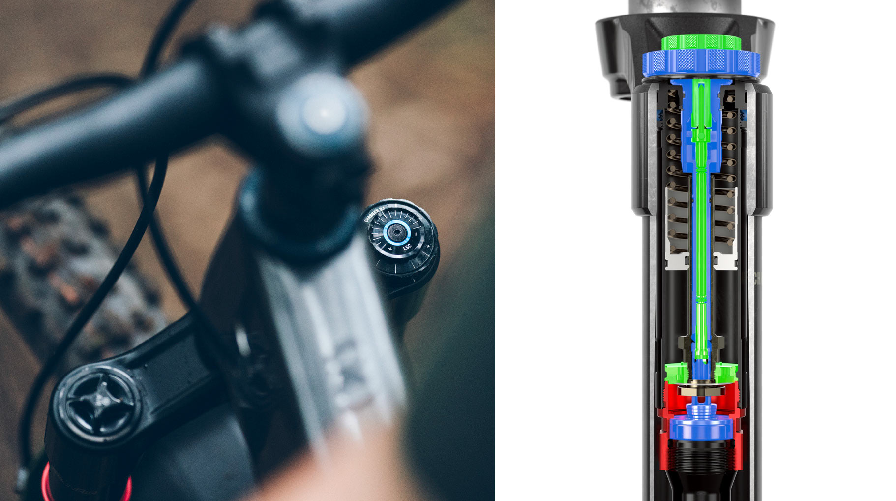 2025 rockshox charger 3-1 damper controls and internal view of compression circuits.