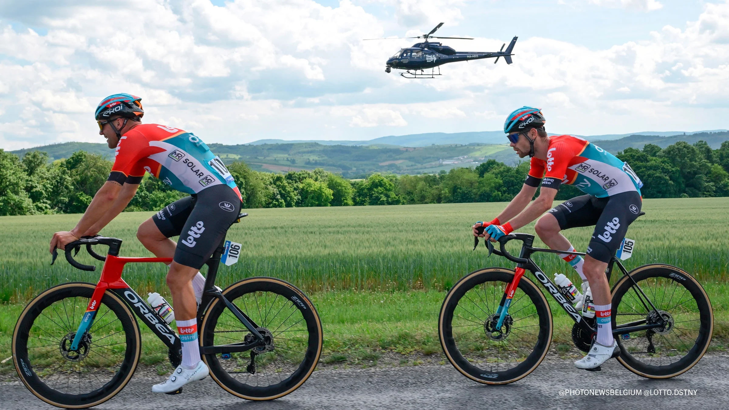lotto dstny cyclists riding in new DeFeet Evo Jet aero cycling socks - photo courtesy of the team.