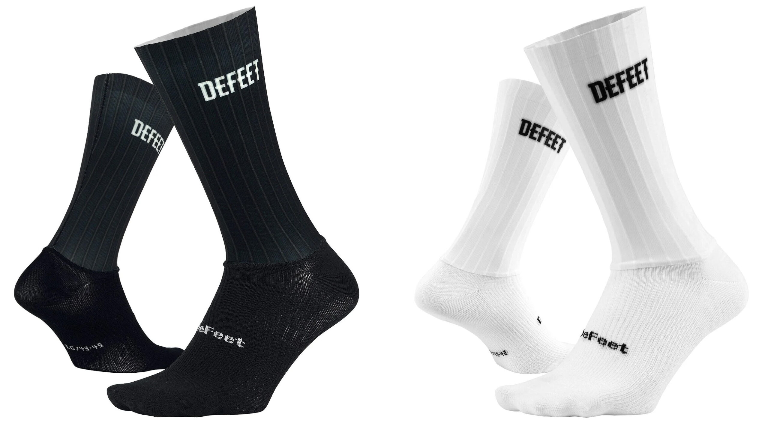 defeet evo jet aero cycling socks shown in black and white.