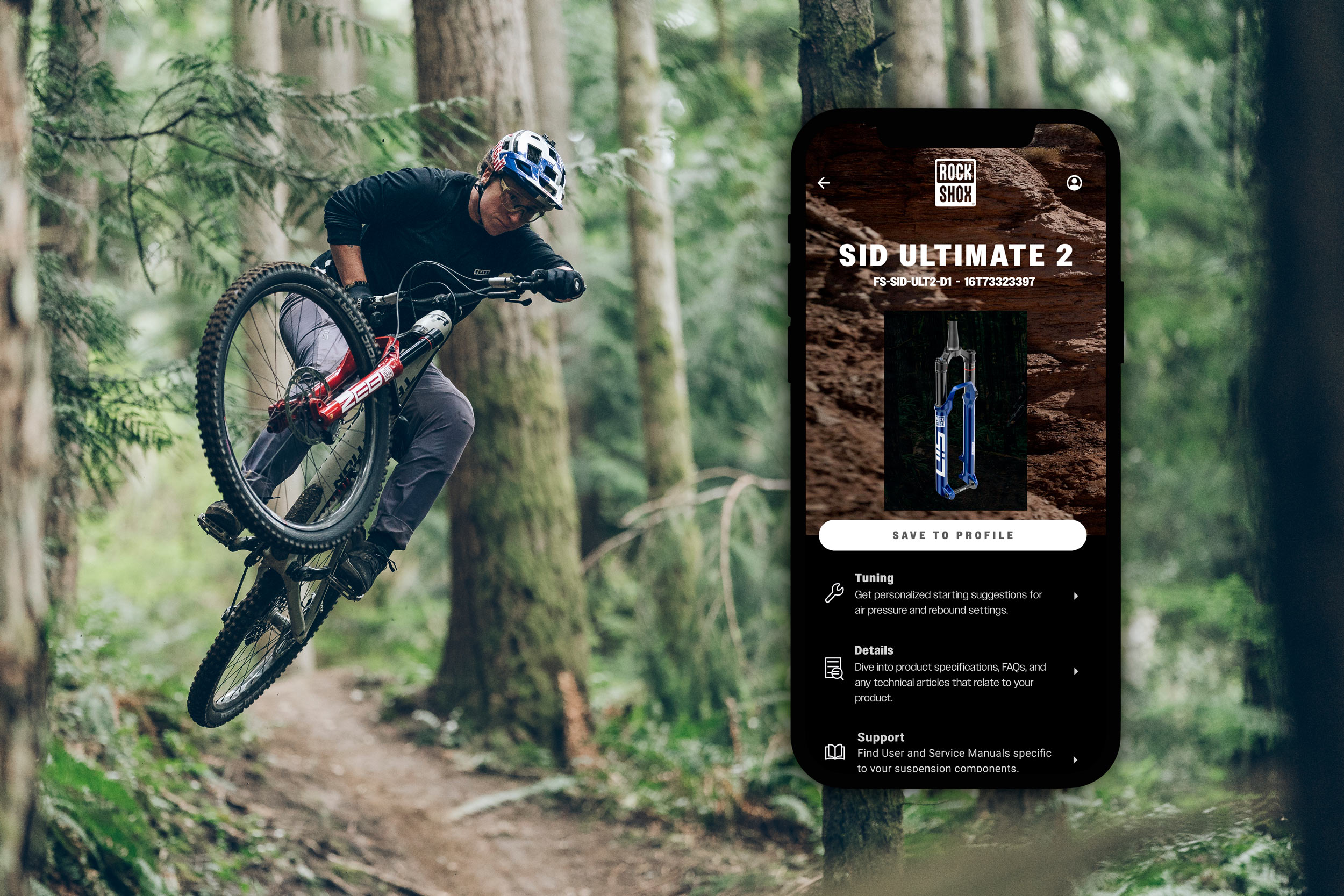 Rockshox Trailhead app screenshot superimposed over a mountain biker jumping.