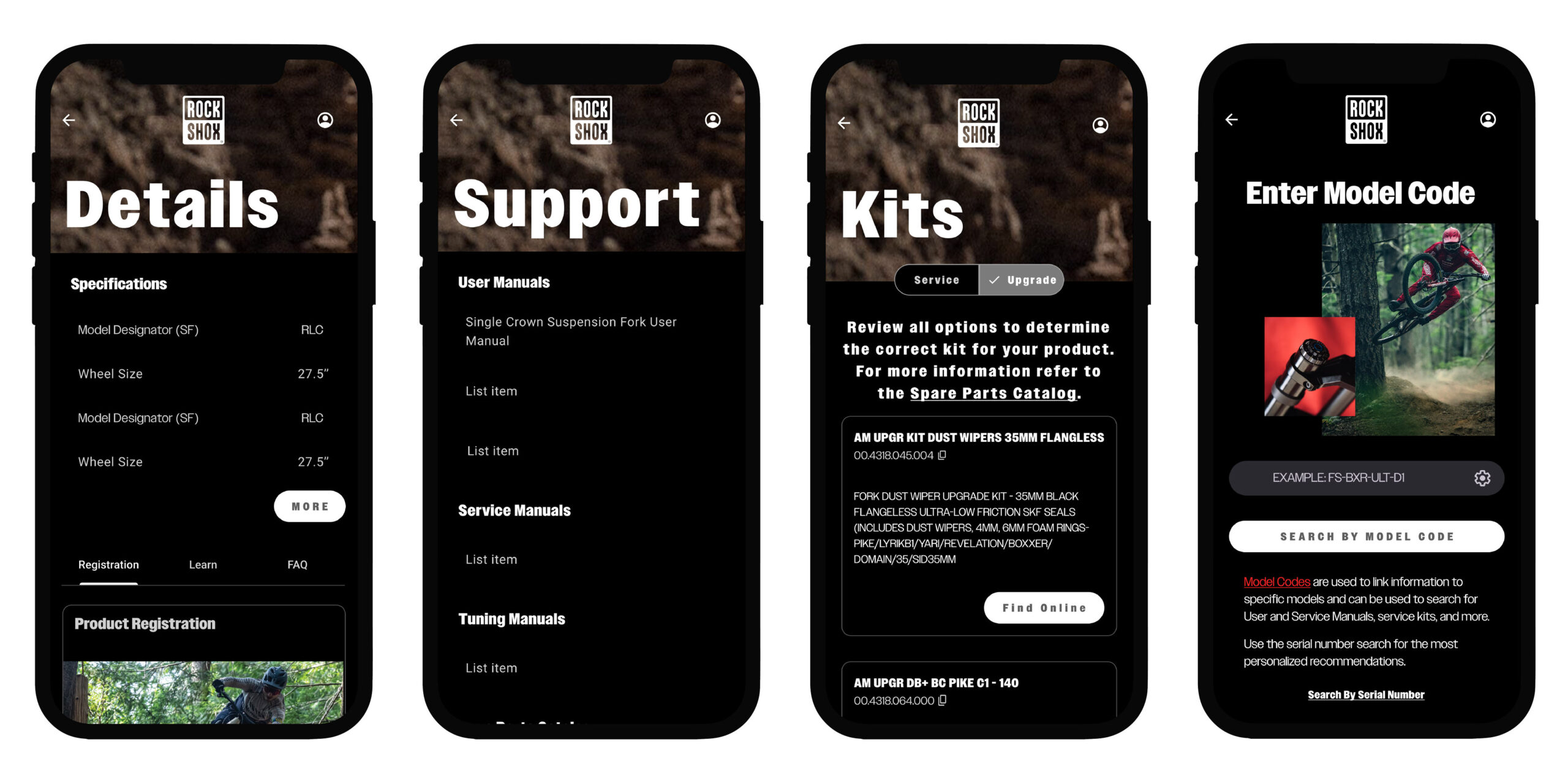 Rockshox Trailhead app screenshots showing support info, upgrade kits and parts numbers.