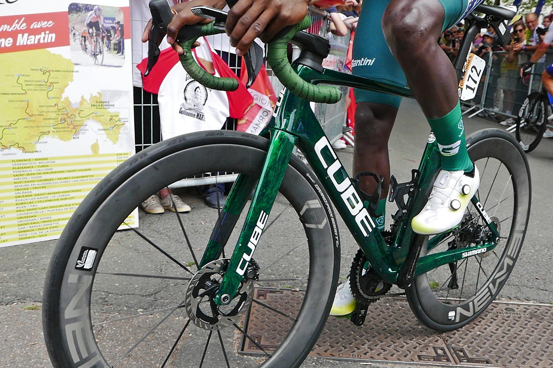 Biniam Girmay 2024 Tour de France Green Jersey winner on Cube Litening Aero TE C68X aerodynamic road bike, Stage 10 start