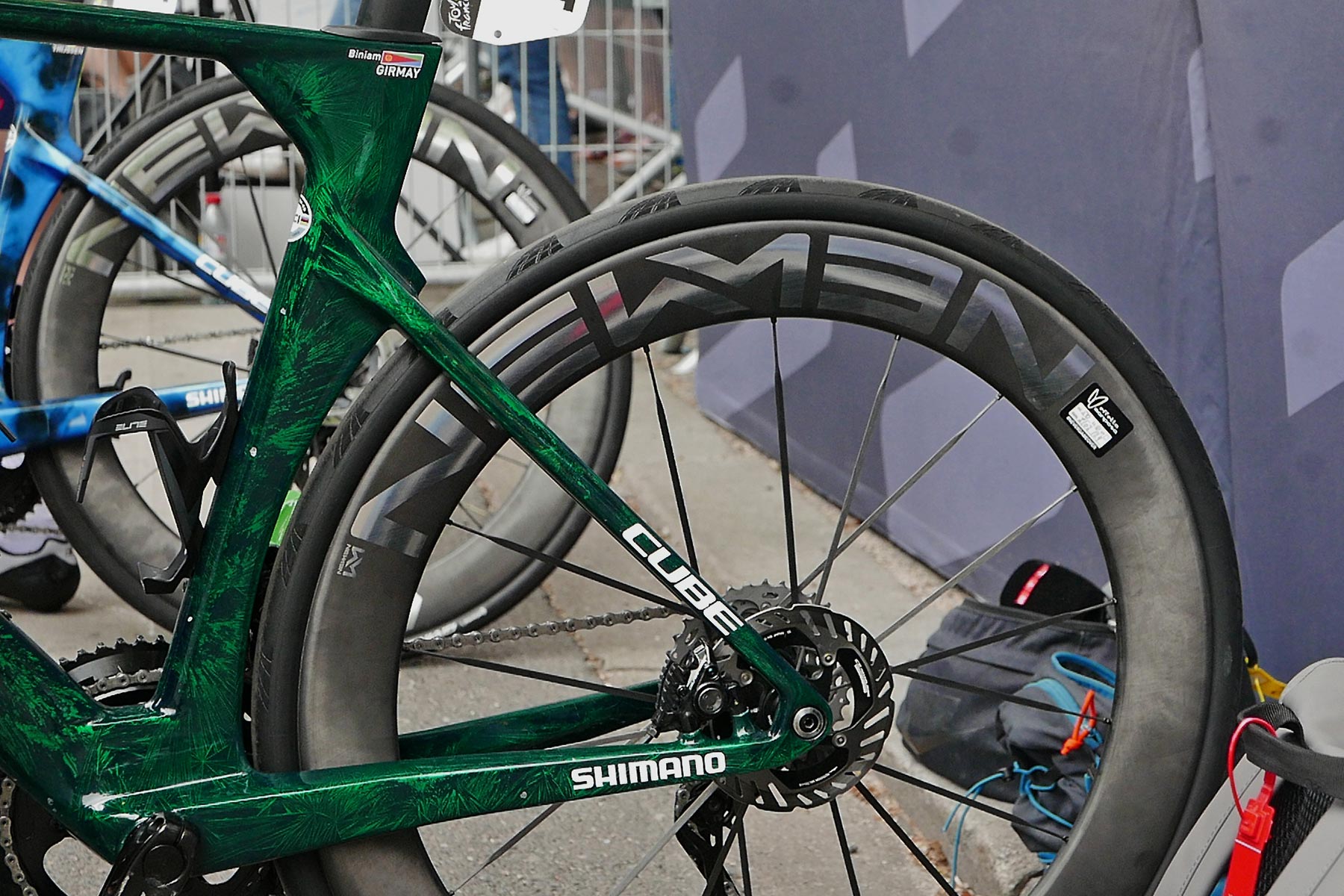 Biniam Girmay 2024 TdF Green Jersey winner, Cube Litening Aero road bike, with Newmen Streem S.60/66 ultralight wheels with Vonoa carbon spokes